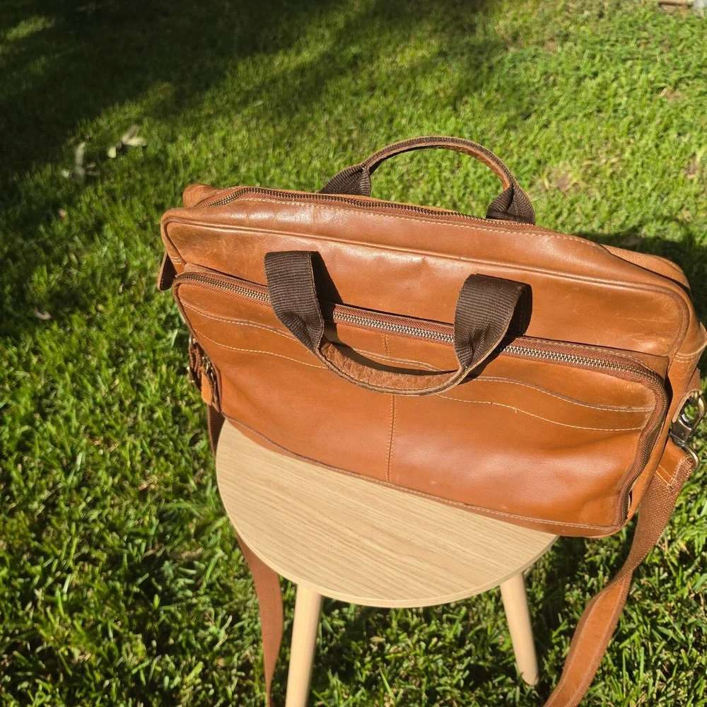 KomalIC Tan Leather Briefcase Messenger Bag Laptop Office Satchel Tan